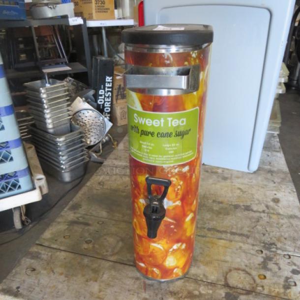 Slim Jim Tea Satellite with Lid, Sweet Tea label, chrome finish, used condition, ideal for beverage dispensing.