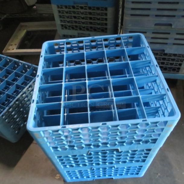 Blue 25-hole dishwasher rack, model 3XBID, in good condition. Stackable, durable plastic construction.