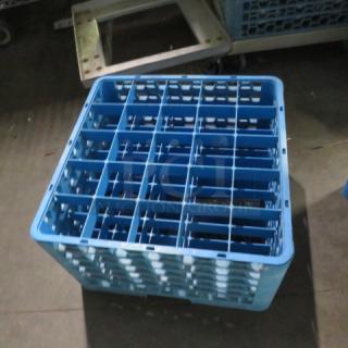 Blue 25-hole dishwasher rack, used condition. Sturdy plastic build, open grid design, suitable for commercial dishwashers.
