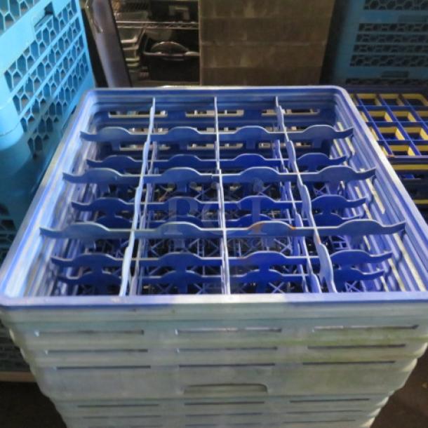 Blue 16-hole dishwasher rack, model 3XBID, in good condition. Features a sturdy plastic grid design for optimal dish placement.