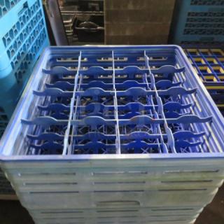 Blue 16-hole dishwasher rack, model 3XBID, in good condition. Features a sturdy plastic grid design for optimal dish placement.