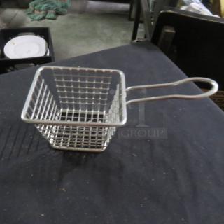 Stainless steel appetizer basket, new condition, 3.5x4x3 inches, with a grid design and handle. Ideal for serving.