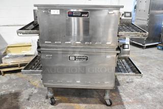 Two 2021 Middleby Marshall PS638G stainless steel commercial conveyor pizza ovens on casters, natural gas, 89,000 BTU.