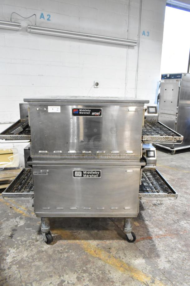 2 Middleby Marshall PS638G stainless steel pizza ovens, 2021, natural gas, 89,000 BTU, on commercial casters.