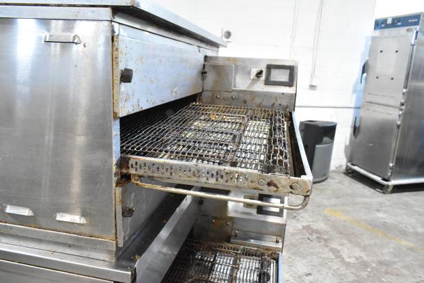 2 Middleby Marshall PS638G stainless steel conveyor pizza ovens, natural gas, 89,000 BTU, on casters, commercial use.