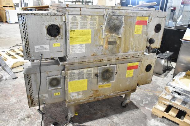 Middleby Marshall PS638G commercial conveyor pizza ovens, stainless steel, natural gas, 89,000 BTU, on casters. Signs of use.