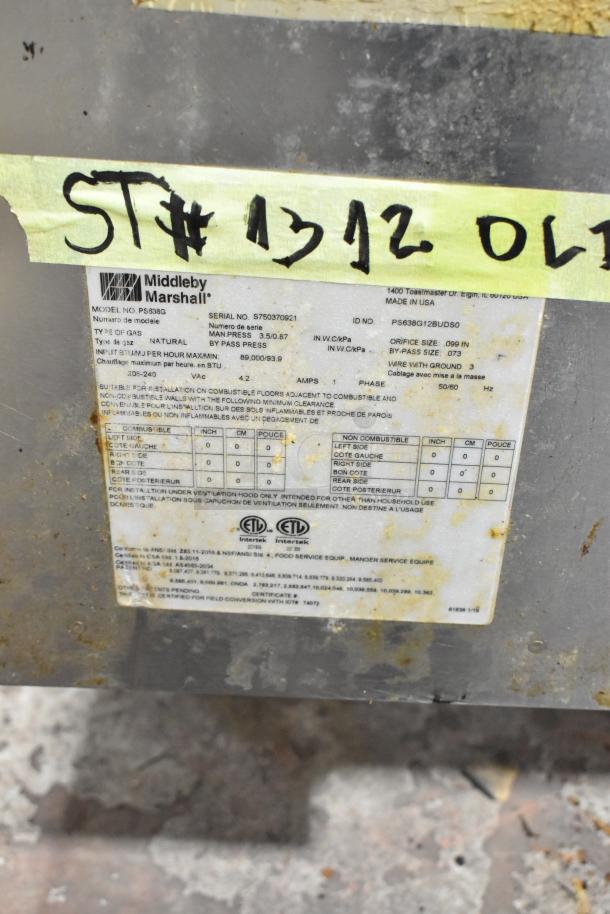 Middleby Marshall PS638G conveyor pizza oven label showing model, serial number, and specifications.