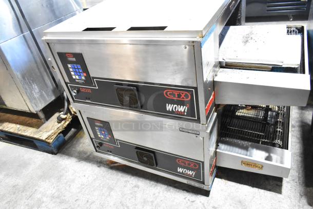2019 Middleby Marshall CTX DZ33I stainless steel conveyor pizza ovens on casters, dual units, 208V, 3/1 Phase.