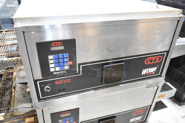 2 Middleby Marshall CTX DZ33I stainless steel conveyor pizza ovens, commercial casters, 208V, electric, dual-phase, 2019 model.
