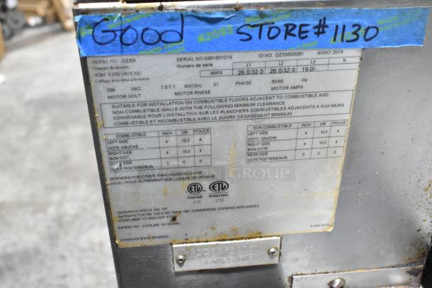2 Middleby Marshall CTX DZ33I stainless steel commercial conveyor pizza ovens, 2019 model, 208V, 3-phase, on casters.