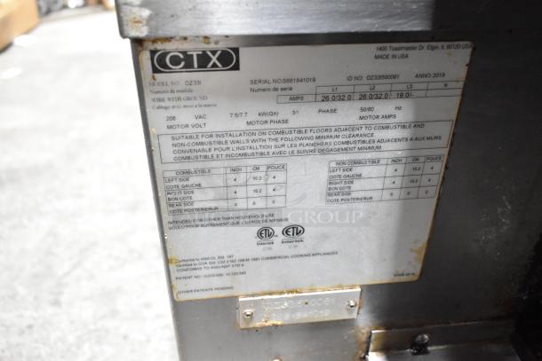 Two 2019 Middleby Marshall CTX DZ33I stainless steel conveyor pizza ovens, on commercial casters, 208V, 3/1 phase.