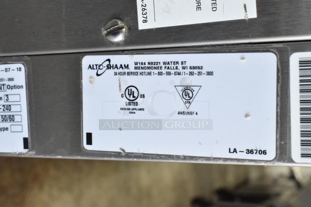 2018 Alto Shaam CTP7-20E electric combi oven label showing model, power specs, and UL compliance.
