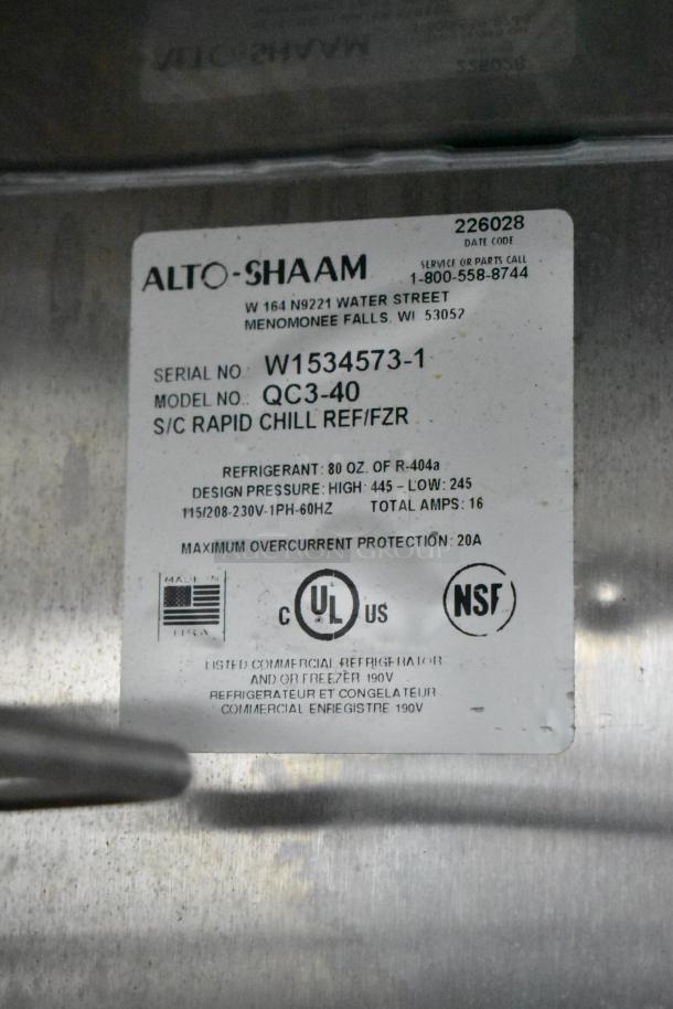 2016 Alto Shaam QC3-40 Blast Chiller label showing model, serial number, voltage, UL and NSF certifications.