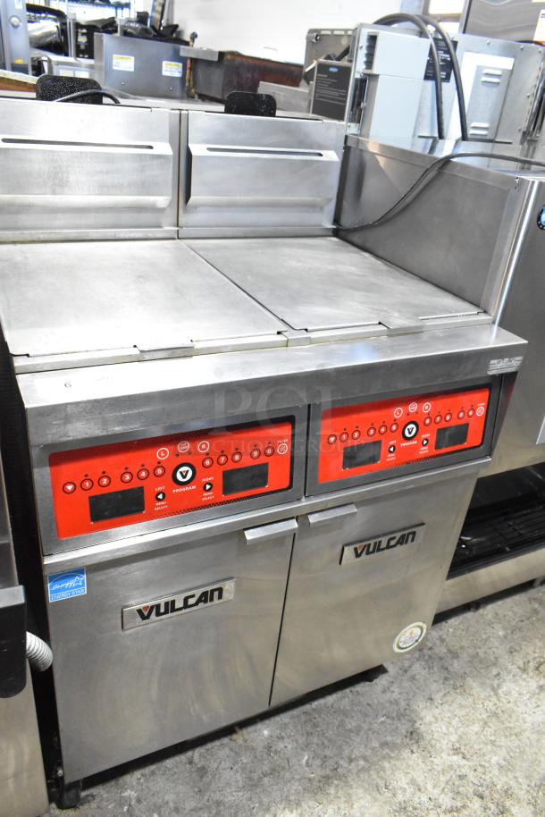 Vulcan 2TR45CF-1 stainless steel 2 bay deep fat fryer, natural gas, 140,000 BTU, with filtration system, commercial casters.