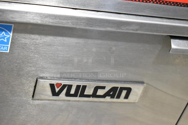 Vulcan 2TR45CF-1 stainless steel commercial deep fat fryer, natural gas, 2 bays, filtration, 140,000 BTU, on casters.