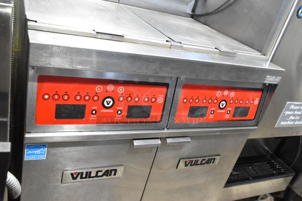 Vulcan 2TR45CF-1 stainless steel 2-bay deep fat fryer with filtration, Energy Star, commercial casters, 140,000 BTU.
