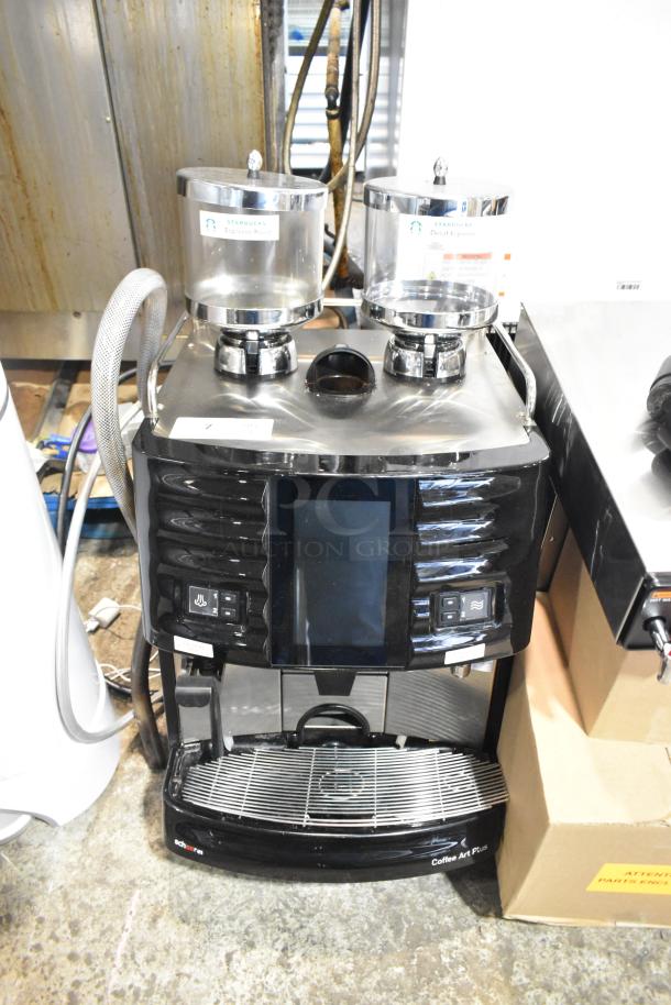 Schaerer Coffee Art Plus metal commercial espresso machine with dual hoppers, touchscreen, 120-208/240 volts, 1 phase.