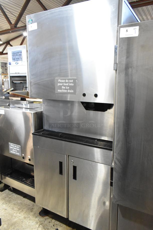 Hoshizaki DCM-751BAH stainless steel commercial ice maker with water and ice dispenser, 115V, 1 phase. “Do not pour food” sign.