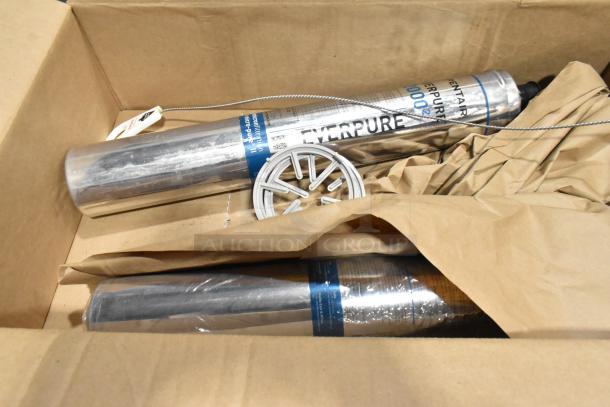 Cardboard box containing Everpure water filters, packaged with protective paper, visible blue labels.