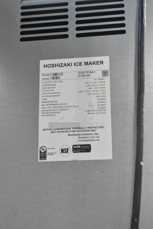 Hoshizaki DCM-751BAH stainless steel commercial cubelet icemaker with water and ice dispenser, label showing model and specs.