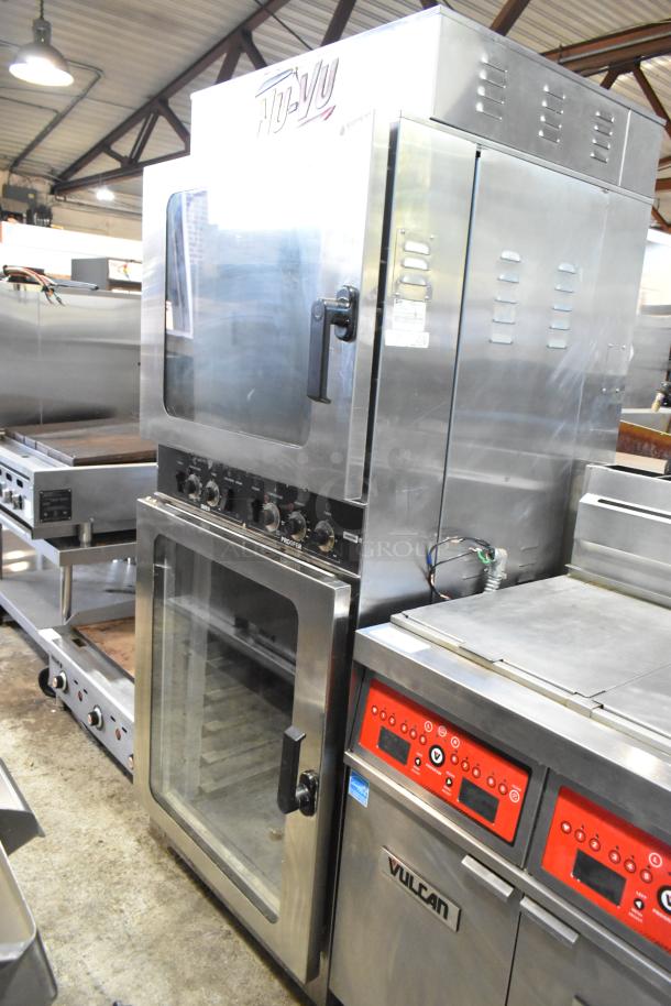 Nu Vu OP-4/8M stainless steel commercial electric oven proofer on casters, 208V, 3 Phase, dual glass doors, in good condition.