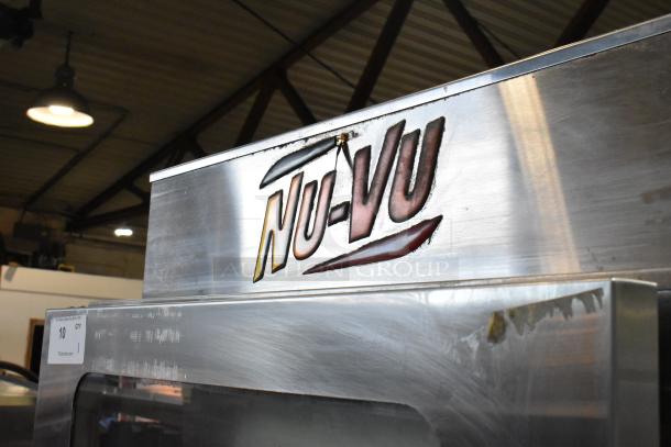 Nu Vu OP-4/8M stainless steel commercial electric oven proofer, 208V, 3 phase, on casters, visible Nu Vu logo.