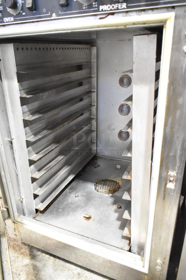Nu Vu OP-4/8M stainless steel commercial oven proofer with racks, on casters. 208V, 3-phase, controls visible.