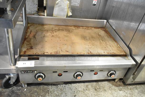 Vulcan VCRG36-T1 stainless steel commercial countertop flat top griddle, natural gas, used condition, visible controls.