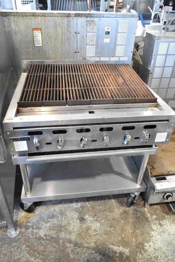 Vulcan VACB36-101 stainless steel commercial charbroiler grill, natural gas, with equipment stand, and commercial casters.