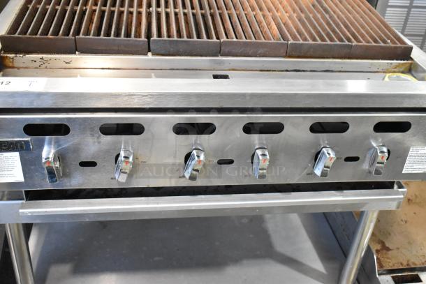 Vulcan VACB36-101 stainless steel charbroiler grill on stand, natural gas, commercial casters, five control knobs.