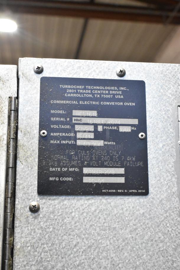 Turbochef HCS1618 commercial conveyor oven, stainless steel, 2018 model, electric, 208/240V, 1 phase, label details shown.