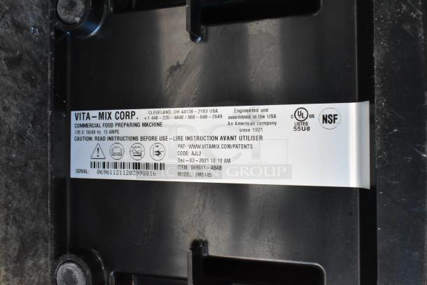 2021 Vita-Mix VM0145 commercial countertop blender label shows model, voltage, and certification details.