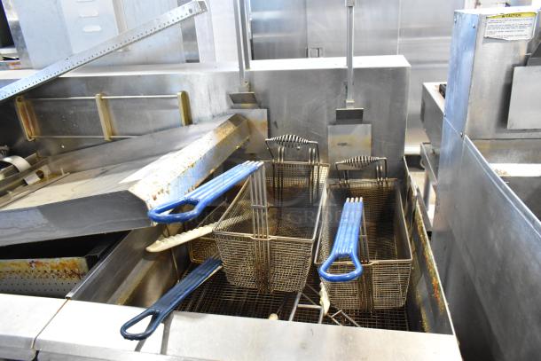 Giles EOF-24 stainless steel electric 3-bay fryer with center dumping station, on casters. 480V, 3-phase. Used condition.