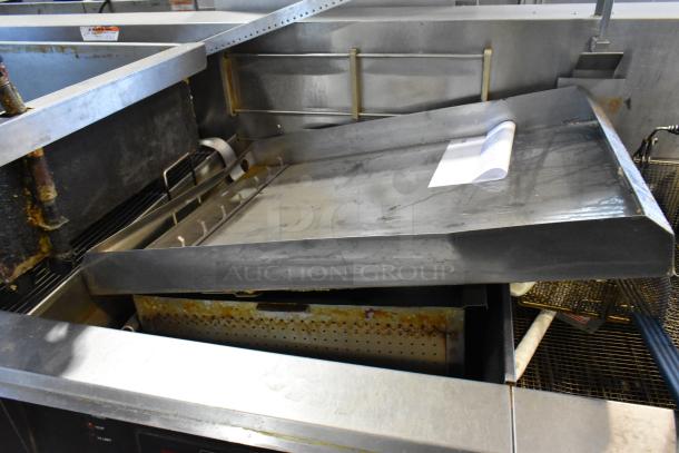 Giles EOF-24 Stainless Steel 3 Bay Deep Fat Fryer, center dumping, on casters, commercial use, 480V, 3 phase.