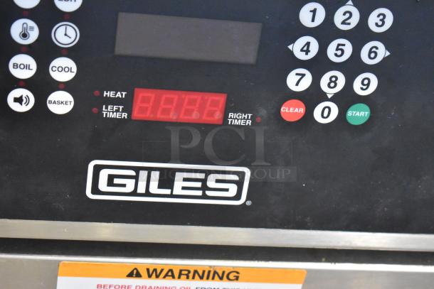 Giles EOF-24 stainless steel commercial electric 3-bay deep fat fryer control panel, featuring digital timers and labeled buttons.