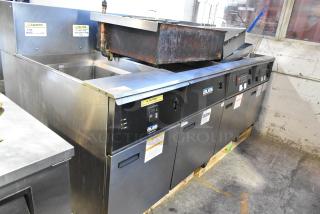 Giles EOF-24 Stainless Steel Commercial Electric Powered 3 Bay Deep Fat Fryer w/ Center Dumping Station on Commercial Casters. 480 Volts, 3 Phase. - Item #1215476