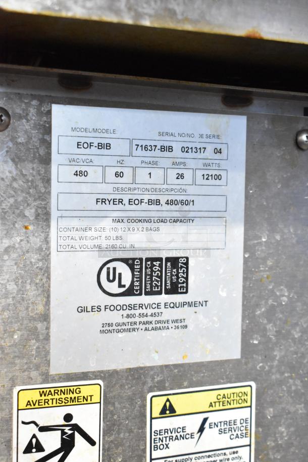 Giles EOF-24 stainless steel electric fryer label, showing model EOF-BIB, 480V, 3-phase. UL certified with safety warnings.