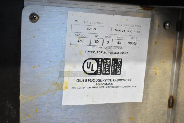 Giles EOF-24 commercial electric deep fat fryer label, showing 480 volts, 3-phase, and UL certification details.