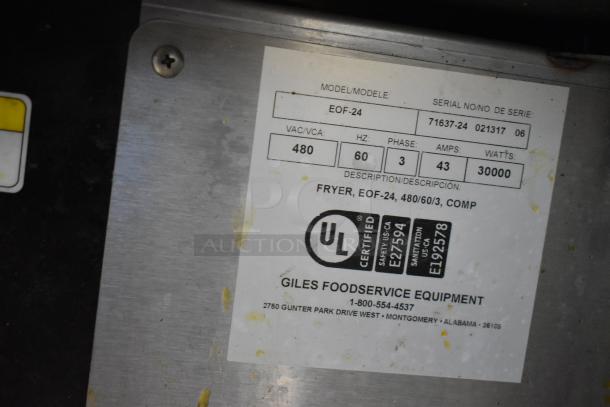 Giles EOF-24 stainless steel electric 3-bay deep fryer with center dumping, 480V, 3-phase, on commercial casters. UL certified.