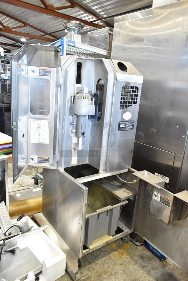 JBT Fresh N Squeeze POS-1 stainless steel citrus juicer, commercial floor style, on casters, 115V, 1-phase.