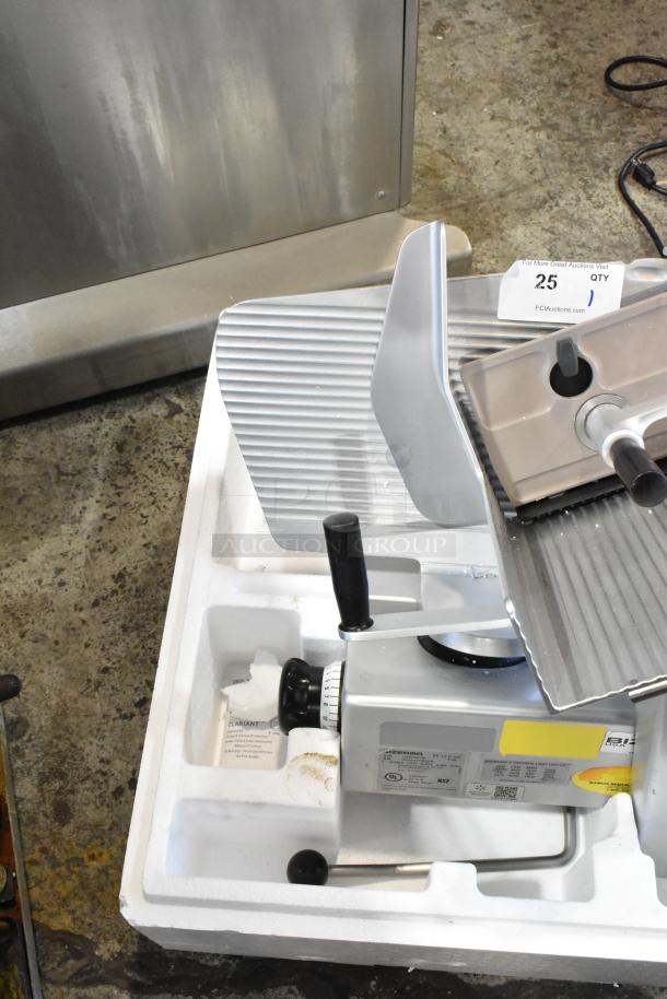 Bizerba SE12DUS metal commercial meat slicer, 120V, 1 phase, excellent condition, visible labels, countertop model.