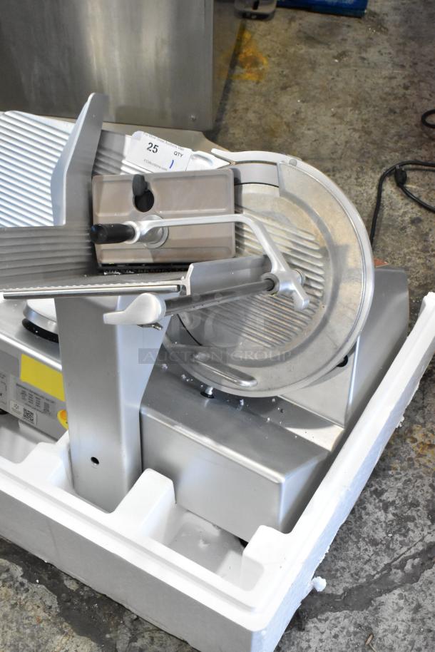 Bizerba SE12DUS commercial meat slicer, metal, 120V, 1 phase. Countertop model, appears in good condition.
