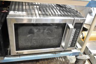 2017 Amana RCS10TS stainless steel commercial countertop microwave oven, 120 volts, 1 phase. Visible keypad and label.