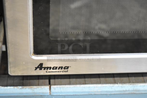 2017 Amana RCS10TS commercial microwave, stainless steel, 120V, 1 phase, Amana logo visible on bottom left.