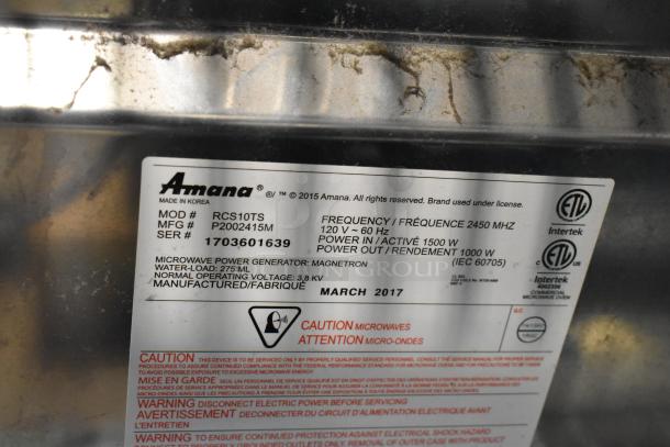 2017 Amana RCS10TS stainless steel commercial microwave, 120 volts, 1 phase, label displays model and manufacturing info.