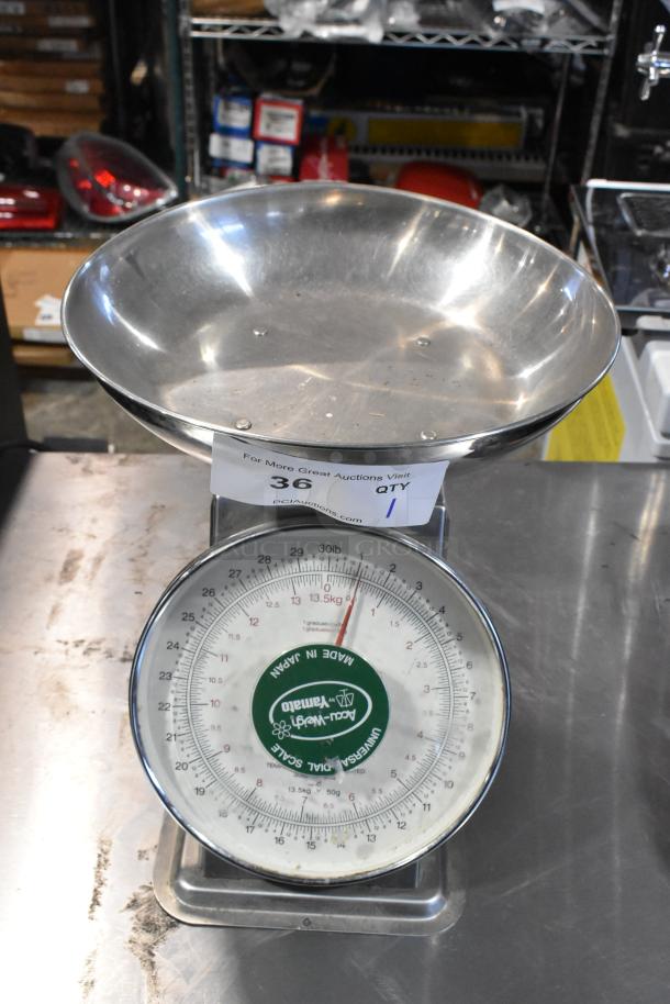 Yamaha SM(N) metal countertop food portioning scale, used condition, round dial, stainless steel bowl, "Made in Japan" label visible.