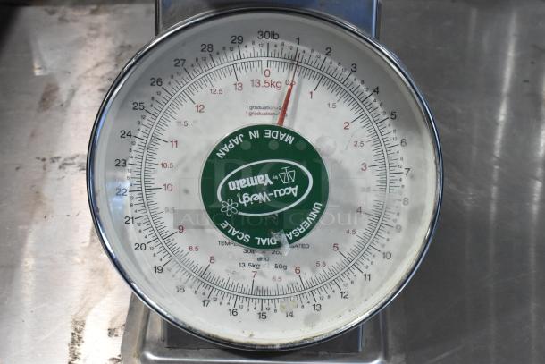 Yamaha SM(N) metal countertop food portioning scale, reads up to 13.5 kg, clear dial with red pointer, made in Japan.