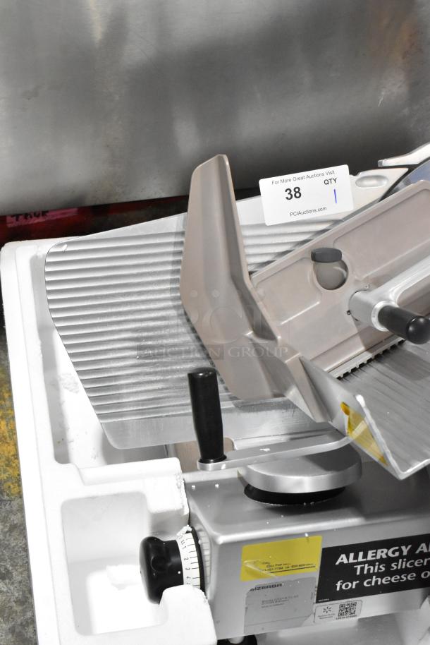Bizerba metal commercial countertop meat slicer, 120V, 1 phase, with adjustable thickness dial, in good condition.