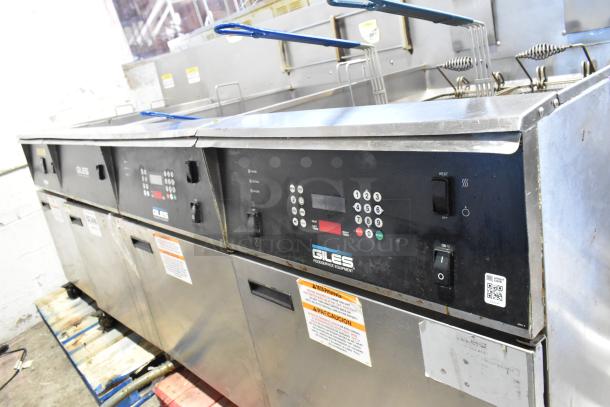 Giles EOF-24 3-Bay Deep Fat Fryer with center dumping, stainless steel, commercial casters, 480V, 3-Phase, control panel visible.