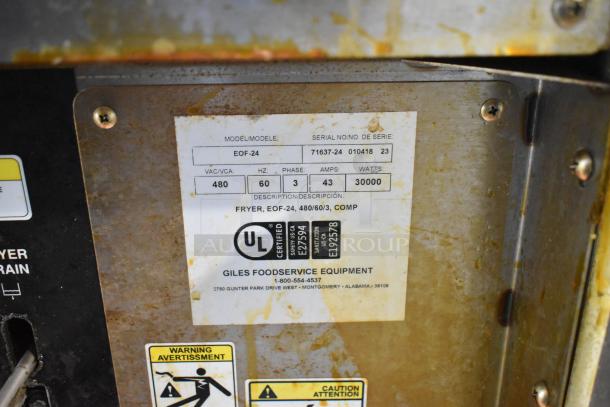 Giles EOF-24 stainless steel commercial fryer, 3 bay, electric, center dumping station, serial 71637-24, 480V, 3 phase.